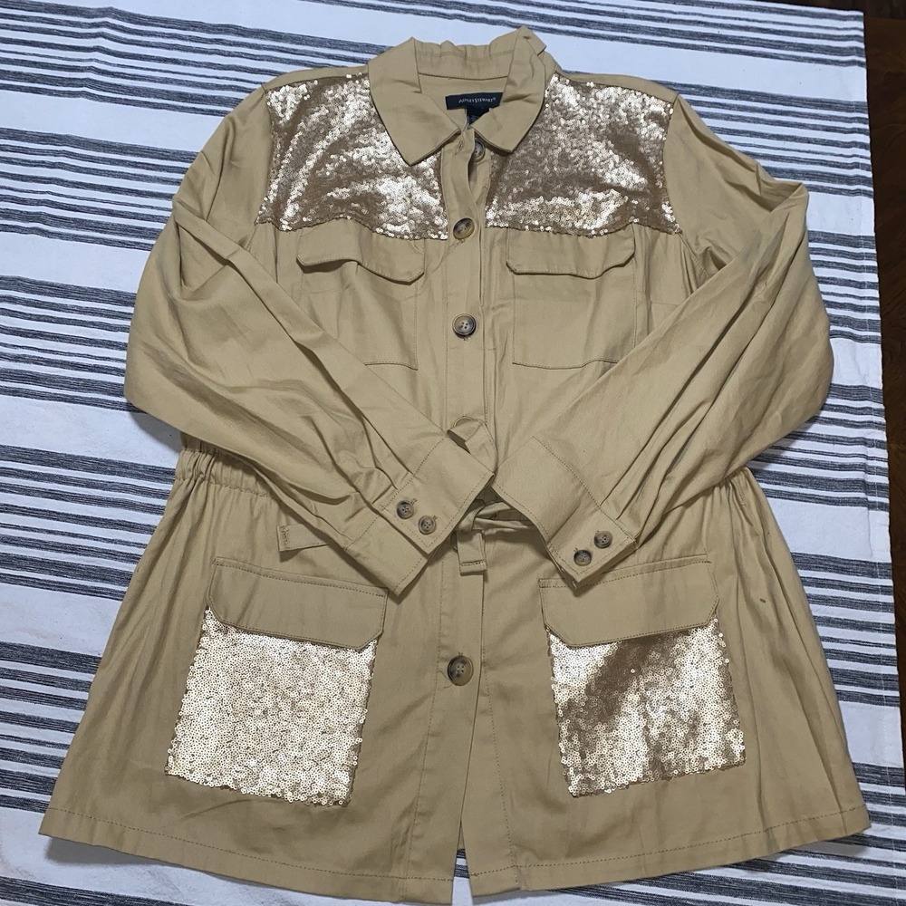 Ashley Stewart Khaki Button Down Drawstring Sequins Coat Size 14 NEW $68